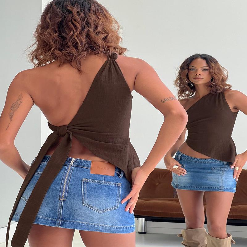 Dominikah One Shoulder Tie Top Chocolate