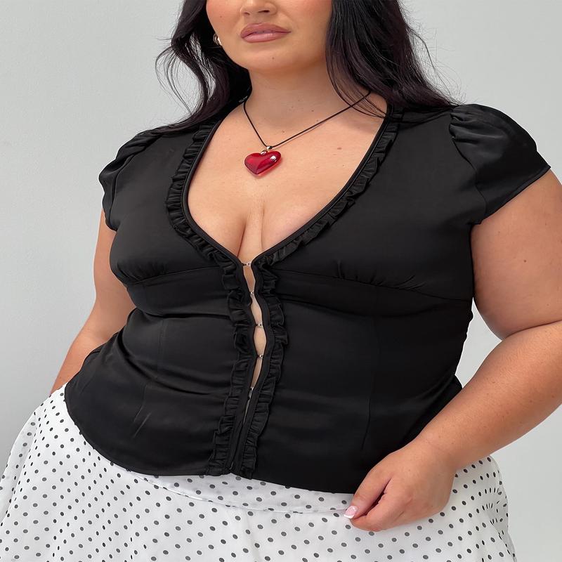 Tatianna Frill Blouse Top Black Curve