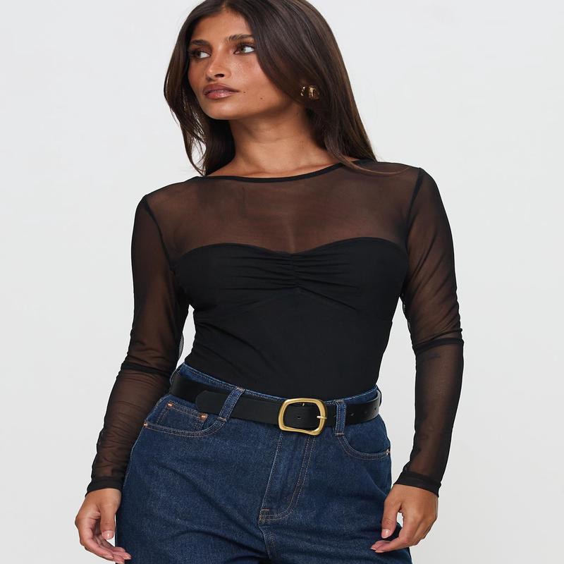 Delanee Mesh Detail Long Sleeve Bodysuit Black
