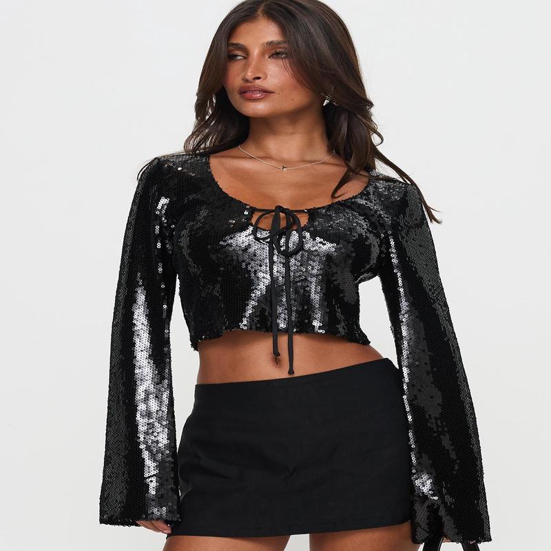Zenobia Long Sleeve Sequin Top Black