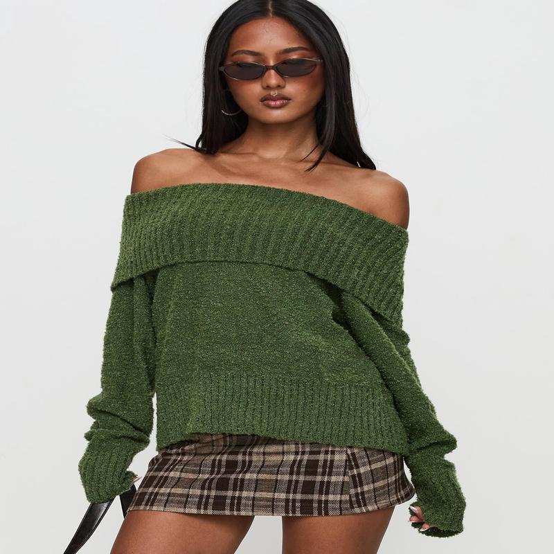 Parkley Boucle Off The Shoulder Sweater Olive