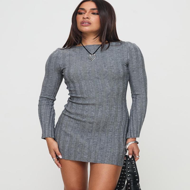 Rich Girl Long Sleeve Knit Mini Dress Grey Marle