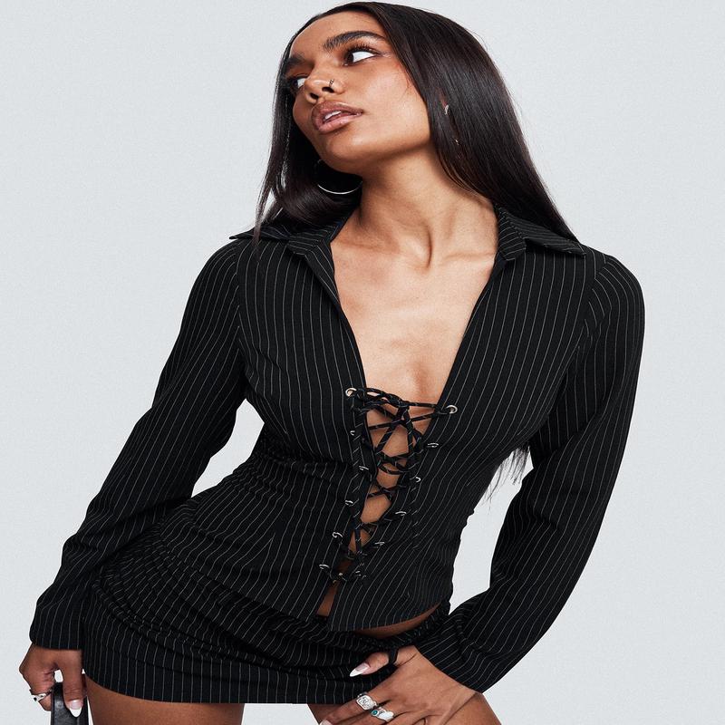Feminique Tie Up Long Sleeve Top Black Stripe