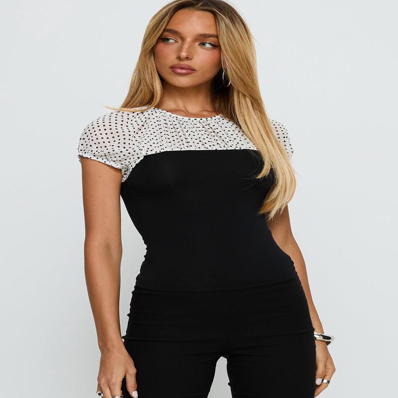 Naria Top Chiffon White Basic Polka Black