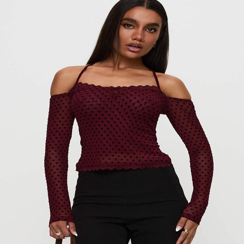 On My Side Off Shoulder Tie Neck Top Burgundy