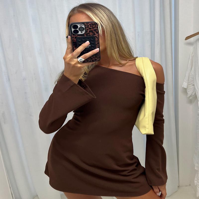 Adrietta Long Sleeve Off Shoulder Knit Mini Dress Brown