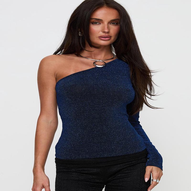 Dance All Night One Sleeve Top Navy Glitter