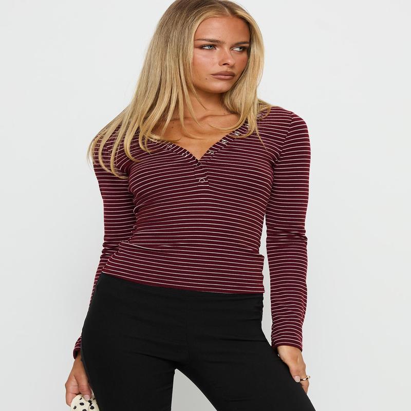 Georgeanna Button Up Long Sleeve Top Burgundy Stripe