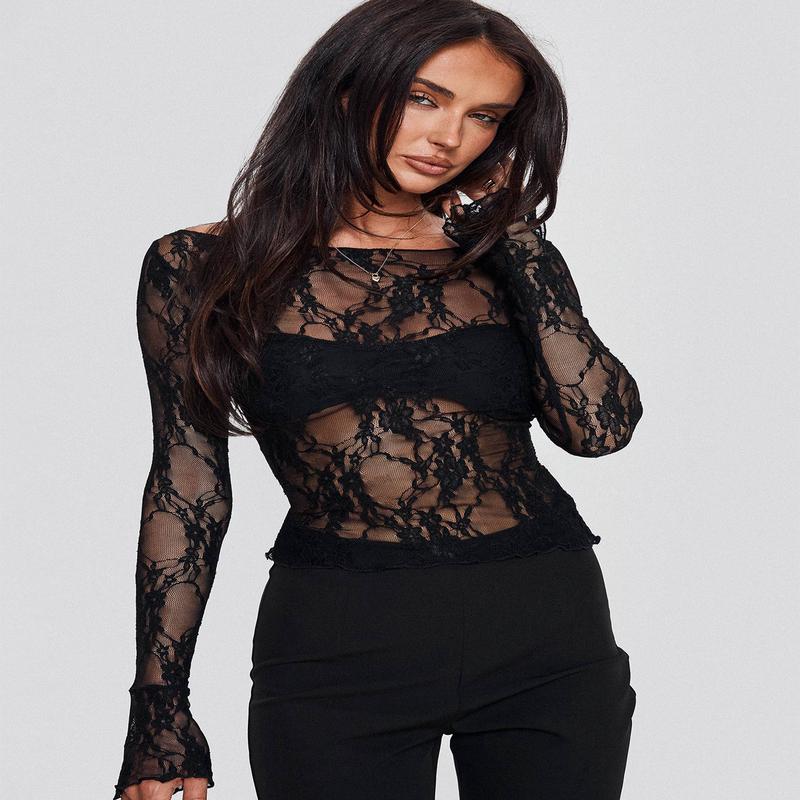 Junah Sheer Lace Long Sleeve Top Black