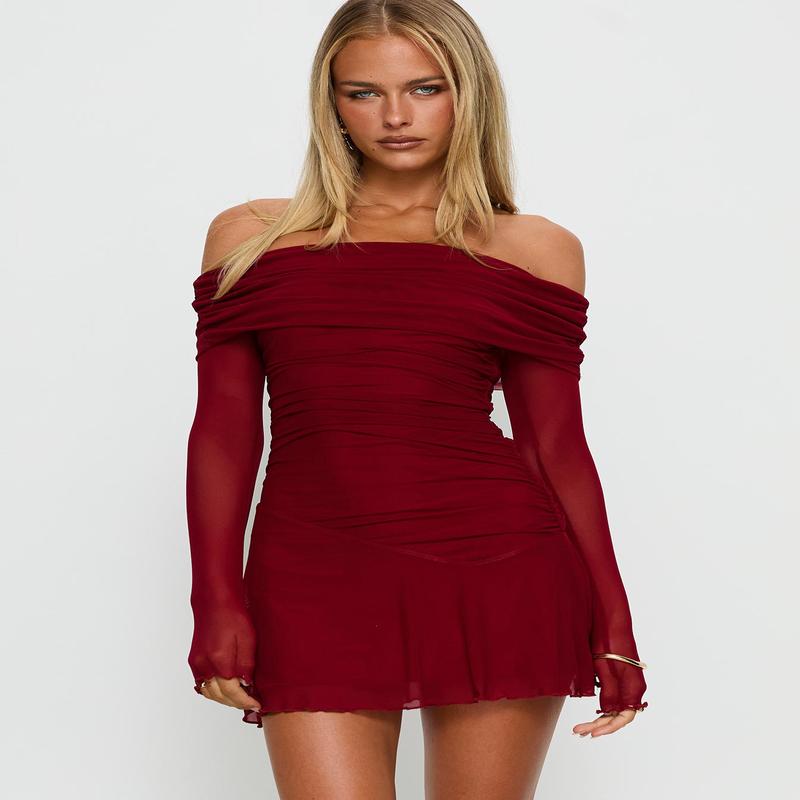 Koki Long Sleeve Off Shoulder Mini Dress Red