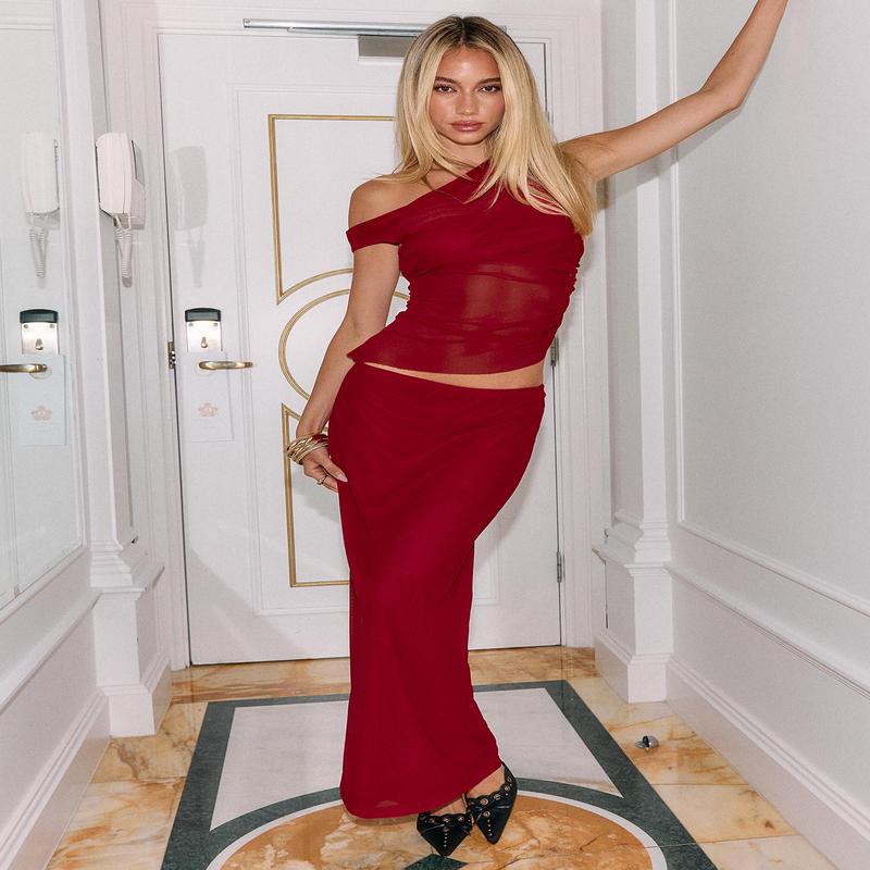 Aristocrat One Shoulder Mesh Set Red