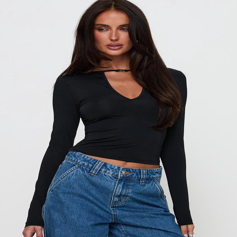 Layna Long Sleeve Plunge Neck Top Black
