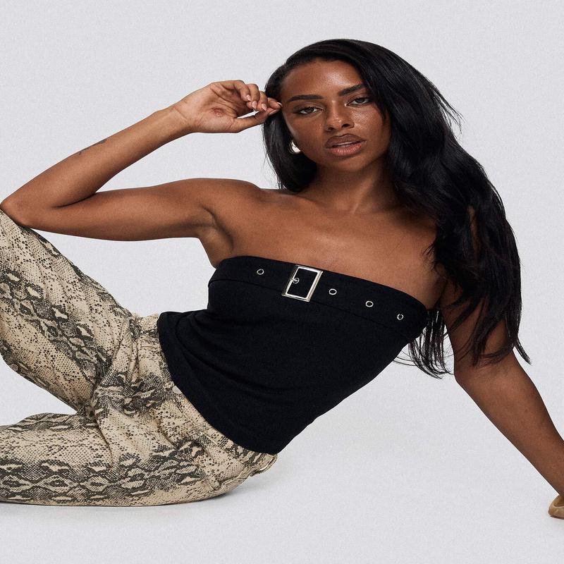 Satellite Strapless Buckle Detail Top Black