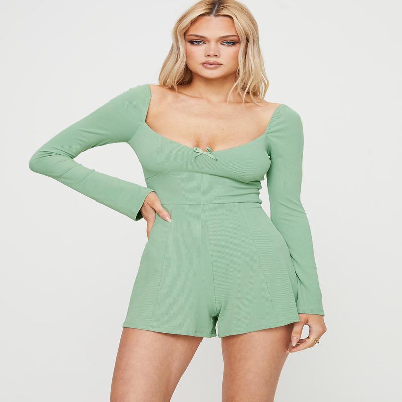Victorine Long Sleeve Romper Sage