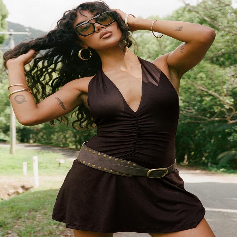 Rafelle Halter Mini Dress Brown Petite
