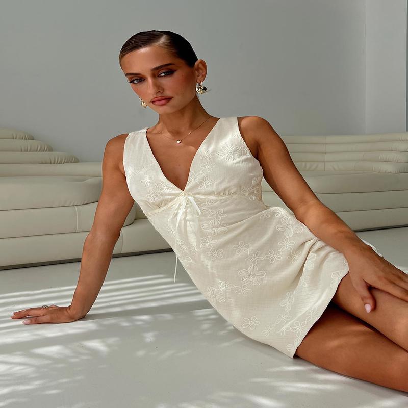 Faithfully Embroidered Mini Dress Beige