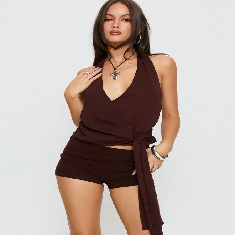 Kimbery Halter Wrap Top Brown