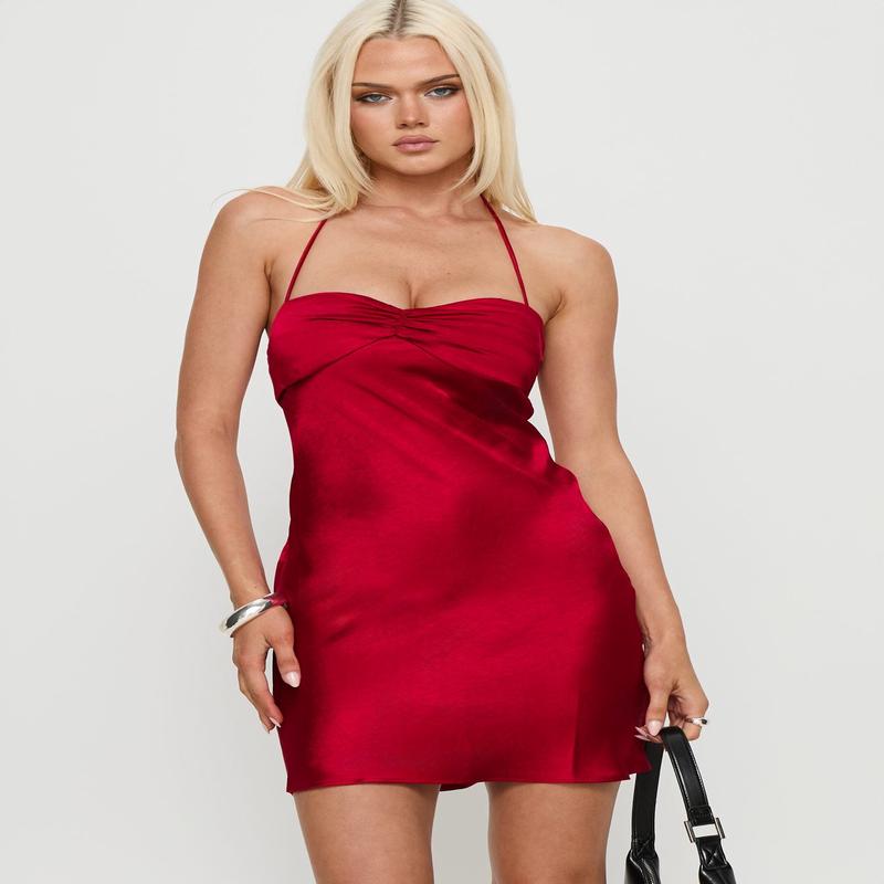 Pinot Noir Halter Ruched Mini Dress Red