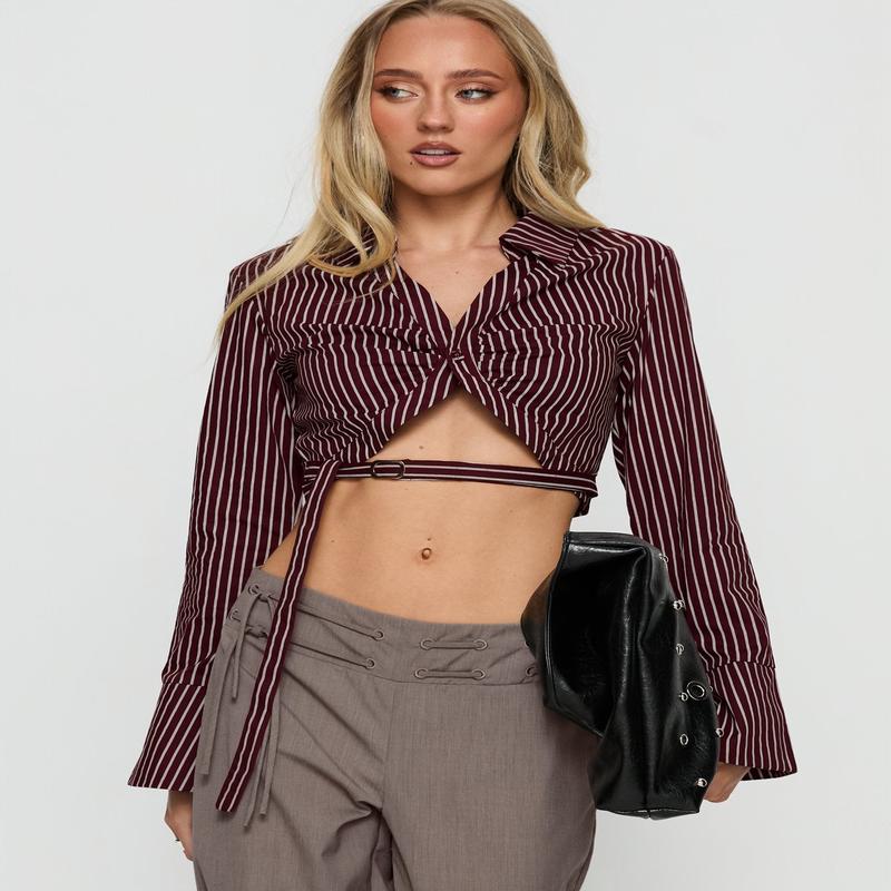 Anslee Wrap Detail Cropped Long Sleeve Top Burgundy Stripe