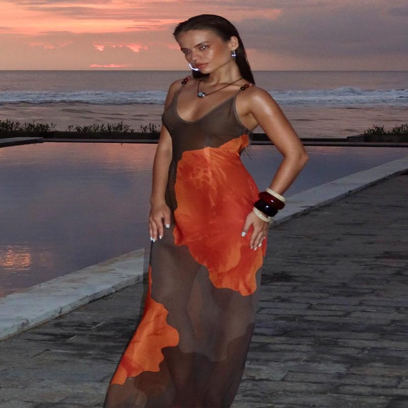 Carita Sheer Chiffon Maxi Dress Brown / Orange Floral
