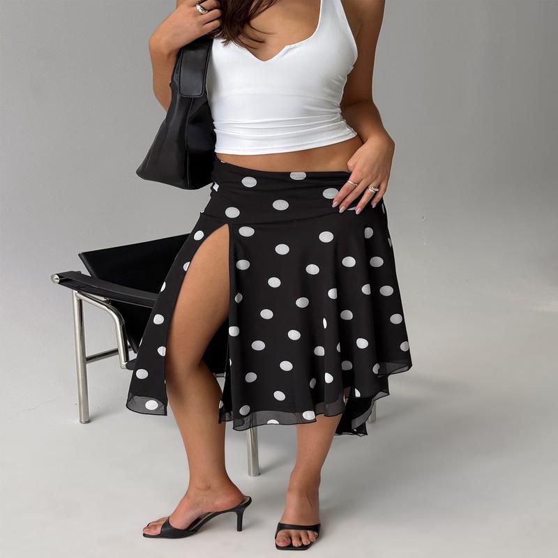 Dulciana High Split Asymmetrical Midi Skirt Black / Polka Dot
