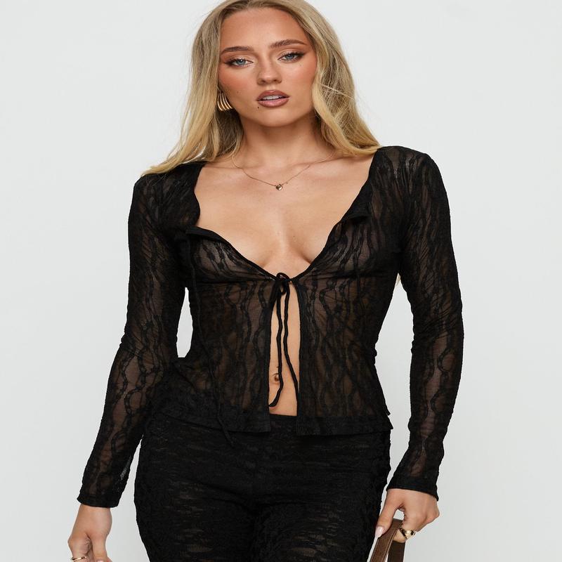 Open Your Heart Tie Detail Long Sleeve Top Black