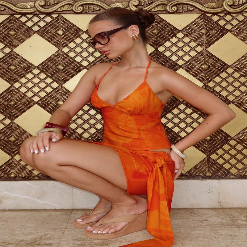 Quintana Halter Cami Top Orange Floral