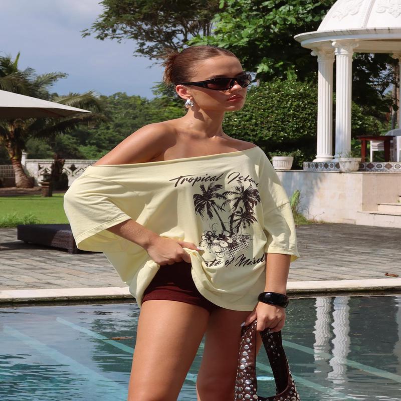 Tropical Islands Off Shoulder Graphic Tee Yellow