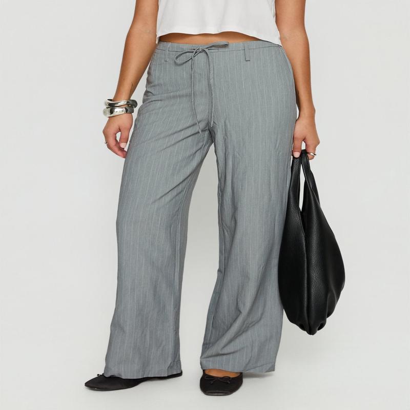 Idolised Tie Waist Pant Grey Pinstripe