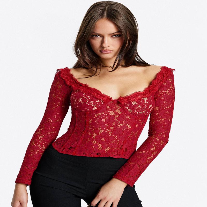 Miquela Long Sleeve Corset Lace Top Red