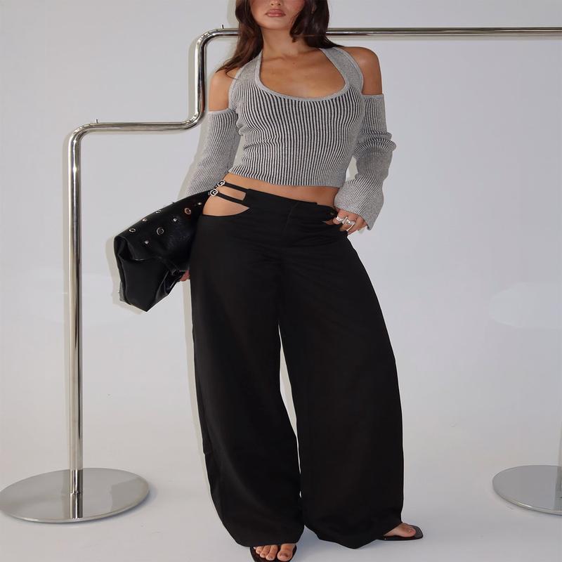 Venicia Belt Detail Suiting Pant Black Pinstripe