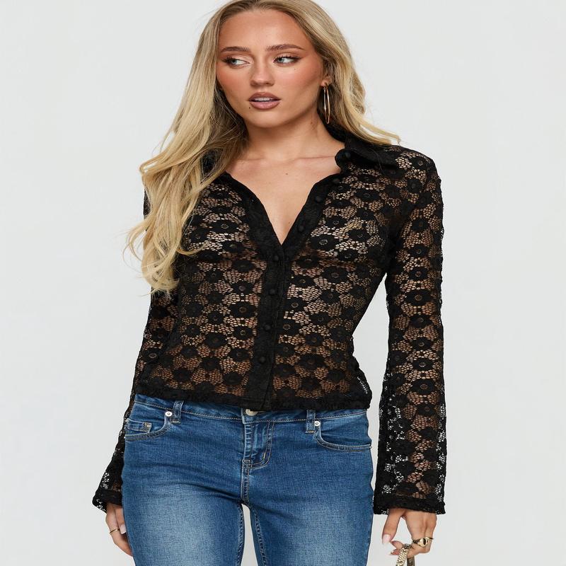 When You Sleep Lace Long Sleeve Top Black