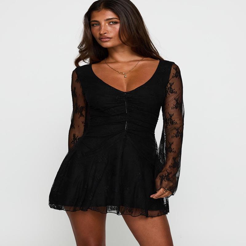 Kateryna Long Sleeve Lace Mini Dress Black