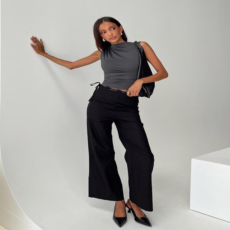 Threaded Waistband Low Waist Pant Black