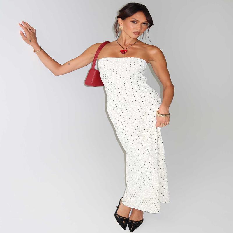 Just For Fun Strapless Maxi Dress White Polka Dot