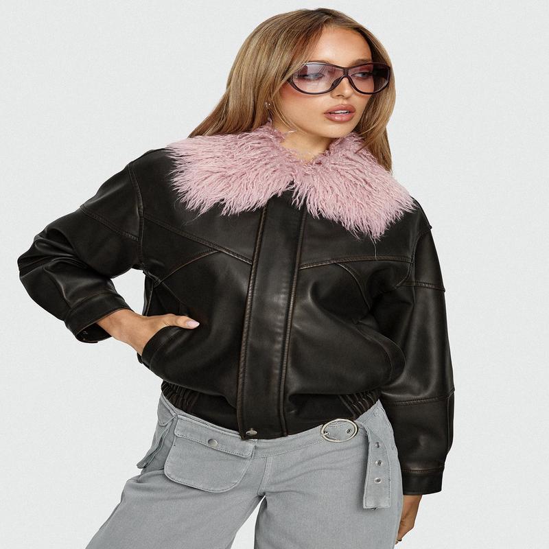 Brittanni Fluffy Collar Jacket Brown / Pink
