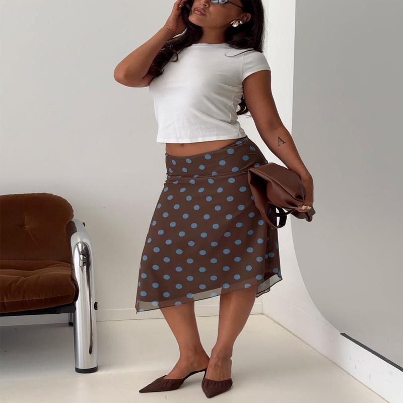 Daphene Asymmetrical Midi Skirt Brown / Blue Polka Dot