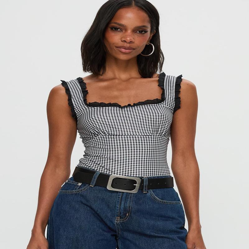 Trustfund Lace Trim Bodysuit Black / White Check