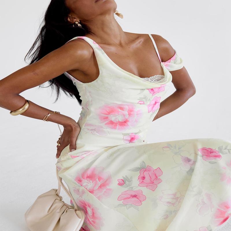 Somebody Like Me Asymmetrical Midi Dress Pink Floral