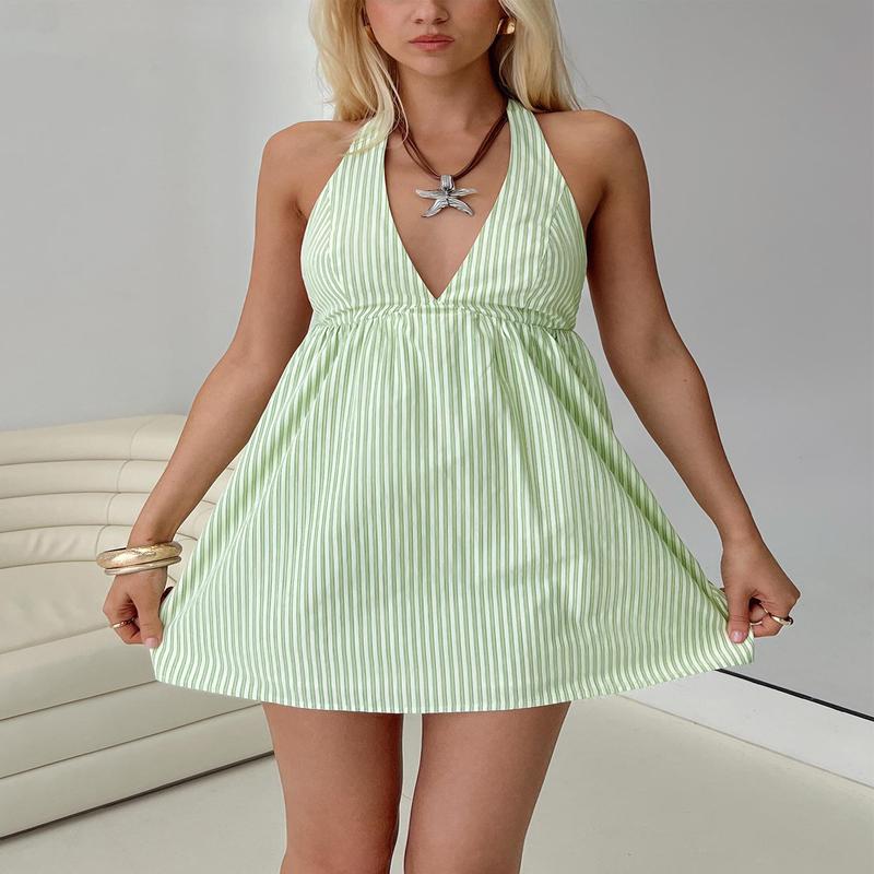 Estefani Halter Mini Dress Green Stripe
