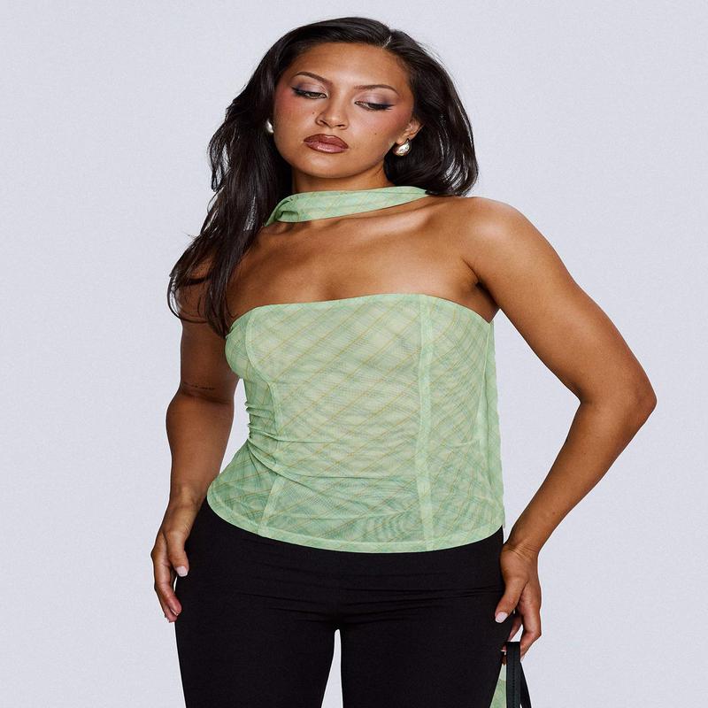 No Comparison Neck Tie Strapless Top Green Check