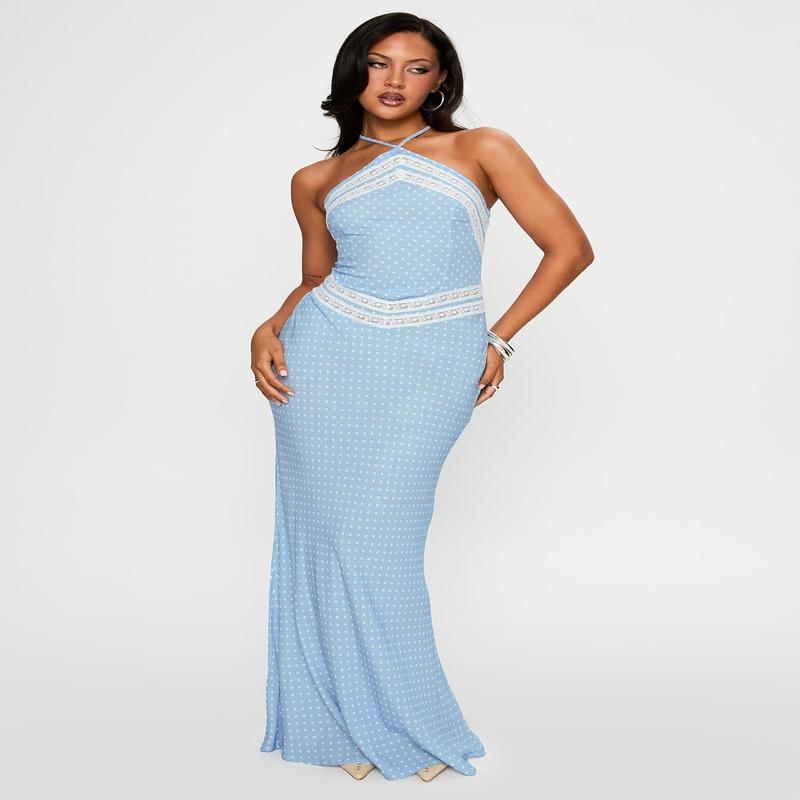 Wild Joy Halter Maxi Dress Blue Polka
