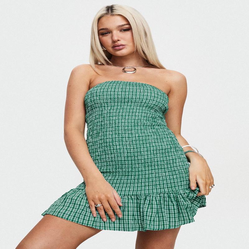 Porschia Strapless Mini Dress Green Check