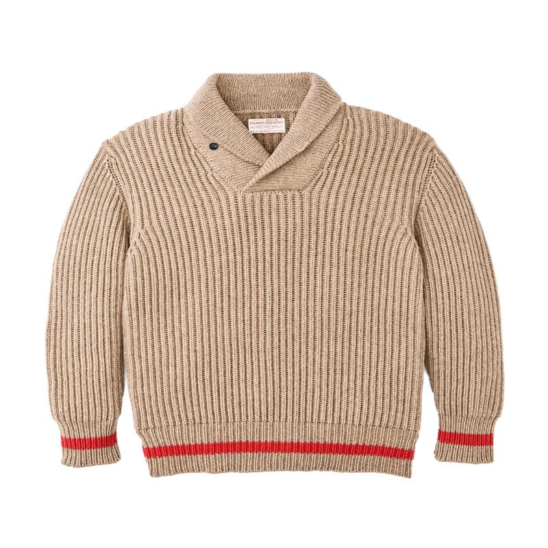 Bristol Shawl Neck Sweater  - Oatmeal Heather / Flame Stripe