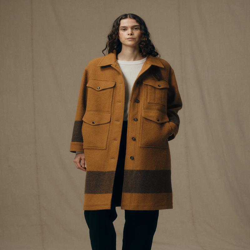 Women's Wool Long Cruiser Coat - Whiskey / Black Stripe