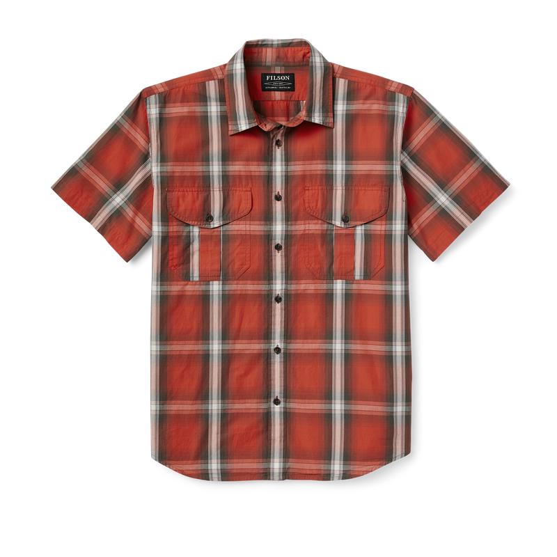 Filson's Washed Short Sleeve Feather Cloth Shirt - Red / Brown / Cream Plaid