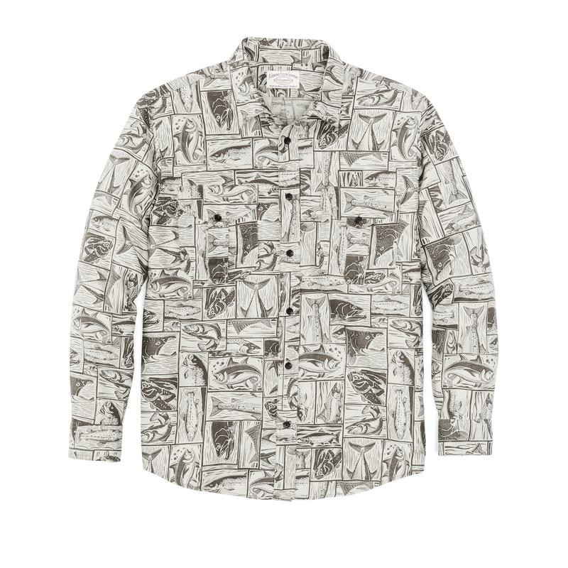 Lightweight Alaskan Guide Shirt - Stone Brown Cutwork Fish Print
