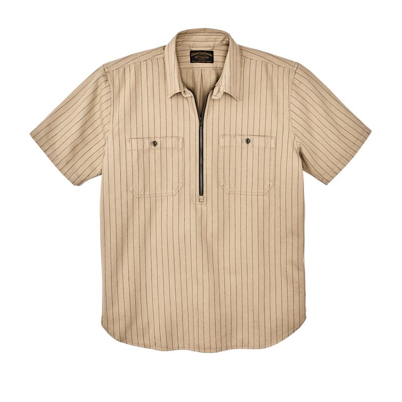 Short Sleeve Mechanic Shirt - Tan Herringbone/ Green Stripe