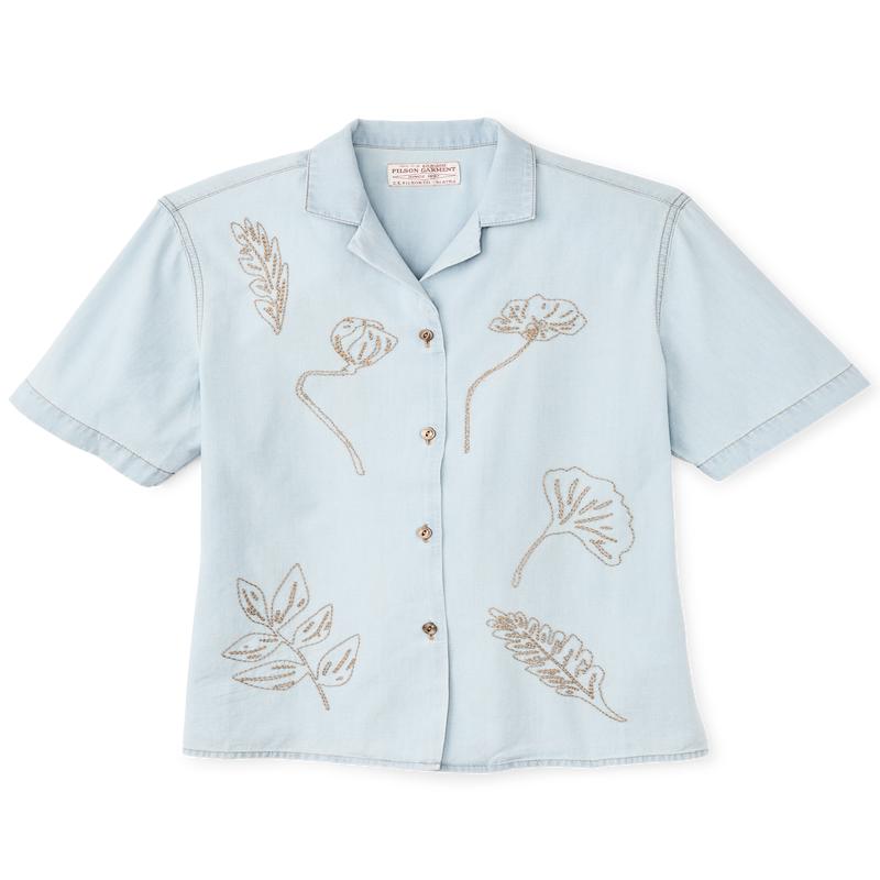 Women's Short Sleeve Embroidered Camp Shirt - Light Indigo Chambray