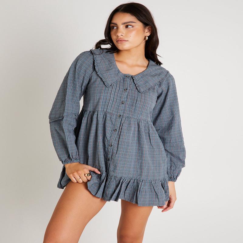 BDG Check Collar Long Sleeve Mini Dress
